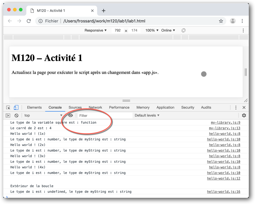 Fig. 2 – Trace de l’exécution de my-library.js et hello-world.js