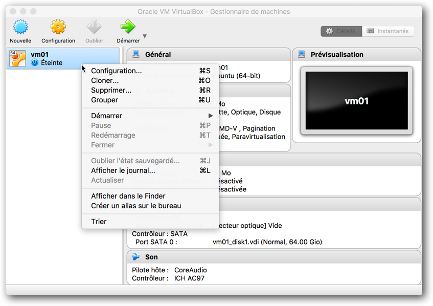 Fig. 7 – Menu contextuel de la machine virtuelle