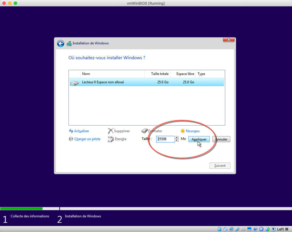 Fig. 1 – Création d’une partition durant l’installation de Windows
