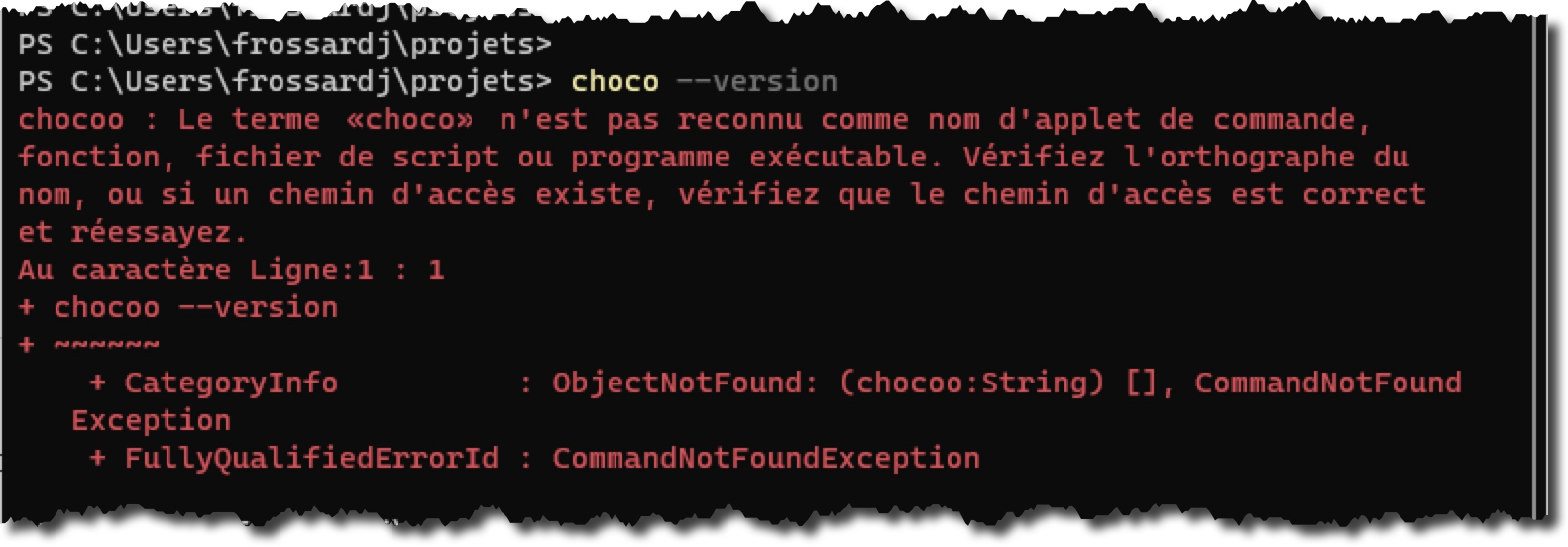 Copie d'écran du terminal qui indique que la commande choco n'est pas reconnue.