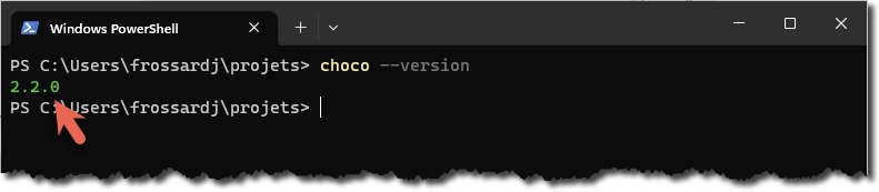 Copie d'écran du terminal avec la réponse de la commande choco --version.