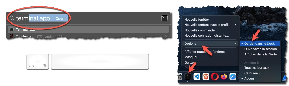 Rechercher le terminal et garder l'application dans le « Dock » sous macOS