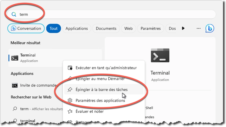 Rechercher le terminal et épingler l'application à la « barre des tâches » sous Windows