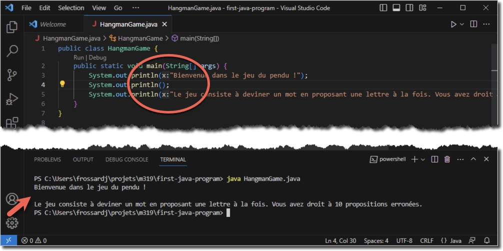 Exécuter le programme dans un terminal intégré