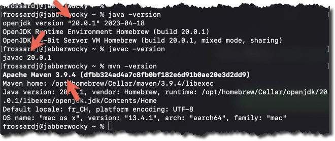 Exemple de réponse de java -version, javac -version et mvn -version