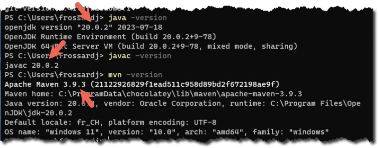 Exemple de réponse de java -version, javac -version et mvn -version